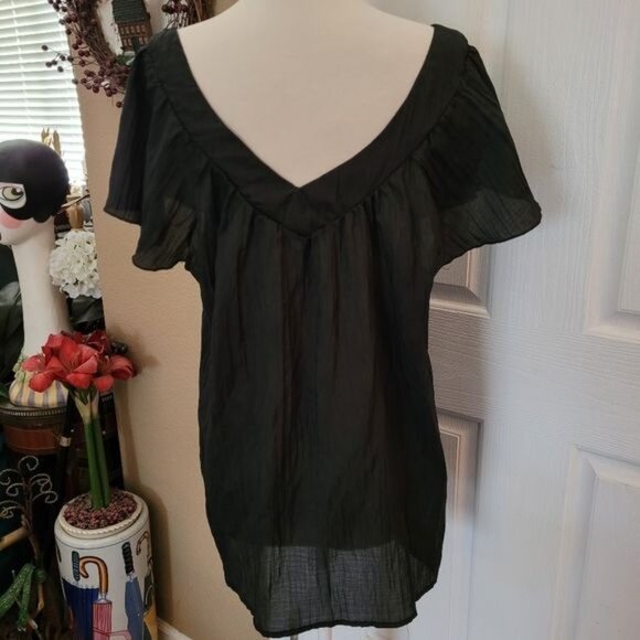 Sere Nade Top Black Crinkle Black Size 1X 1XL Embellished Stone V Neck Formal - Picture 8 of 9